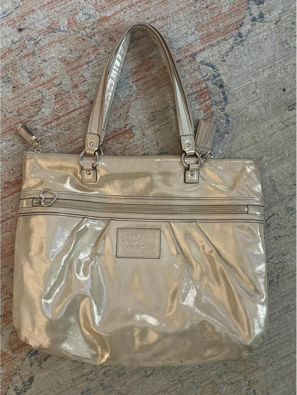 Coach Metallic Champagne Gold Tote Bag with Heart Charm